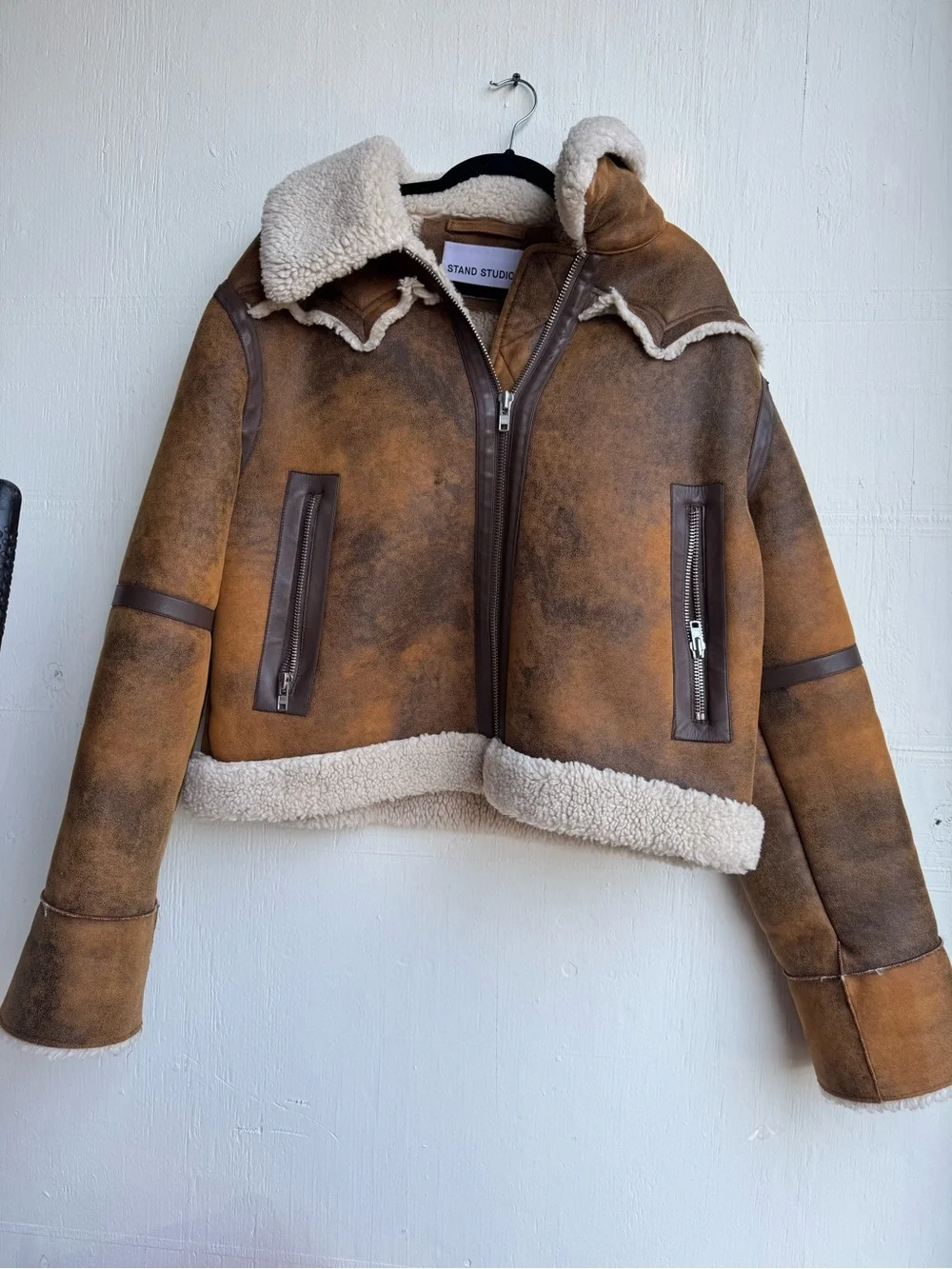 Stand Studio Brown Leather Aviator Jacket with Cream Shearling
